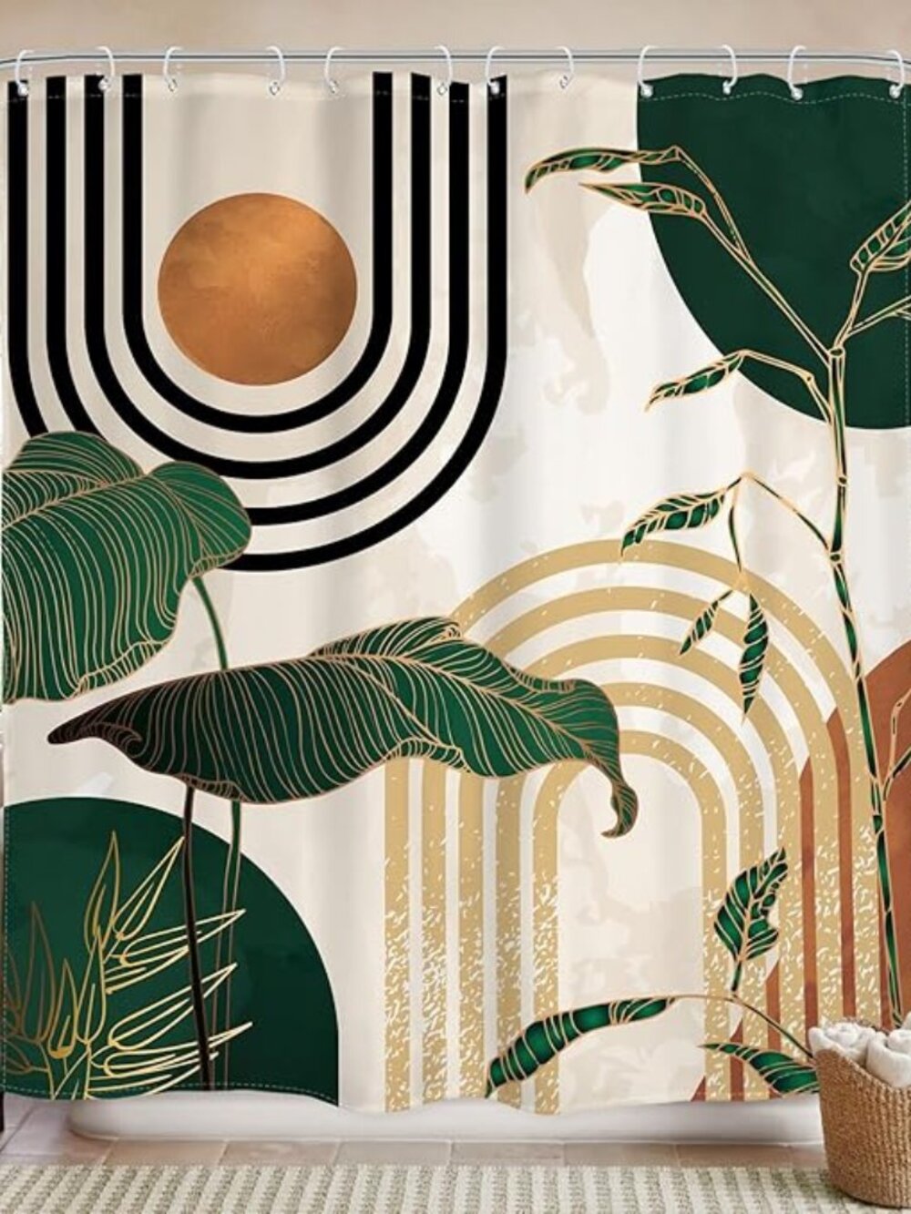 Green Boho Shower‎ Curtain 60Wx72L Inches Abstract Retro Mid Century